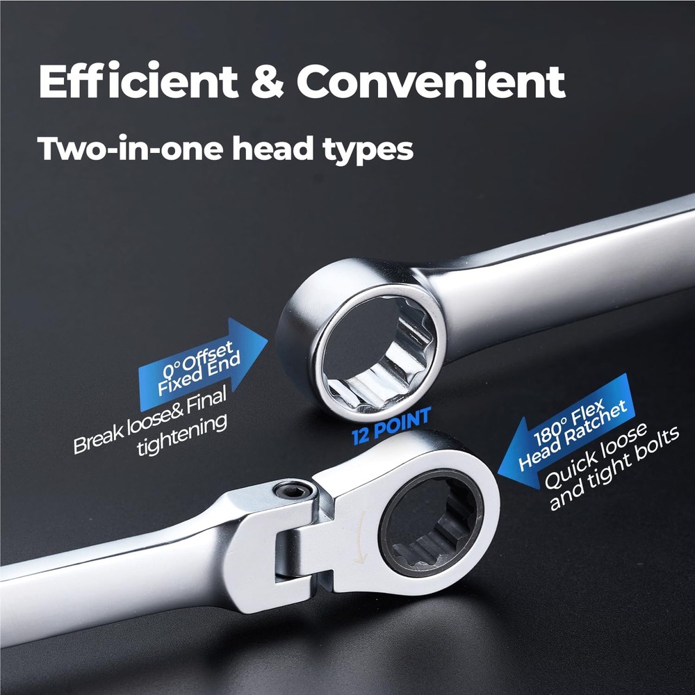 Extra Long Ratcheting Wrench, Flex Head & Fixed Offset Head Double End Combin...