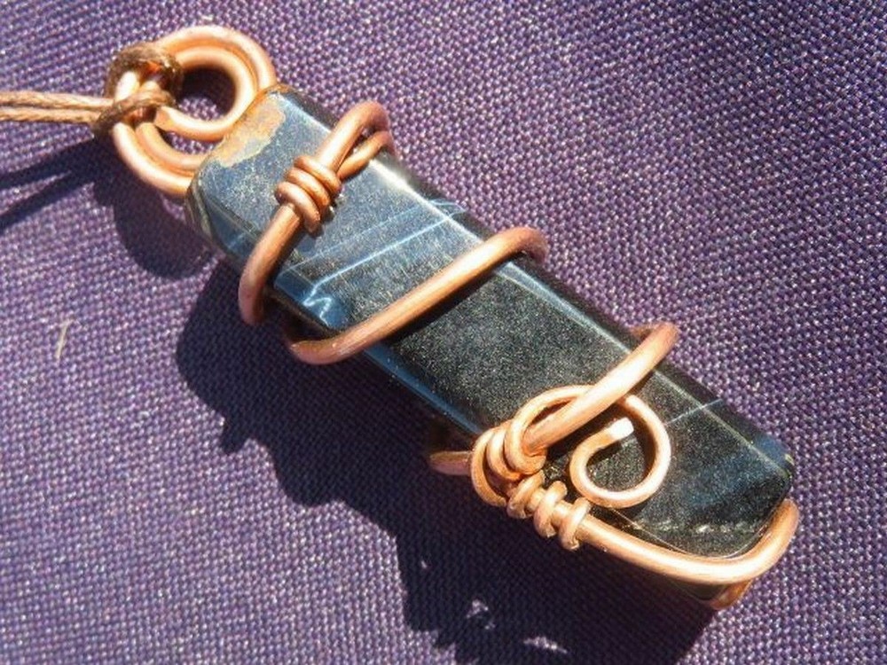 Gem Quality Polished Rectangular Tigers Eye Copper Wire Wrapped Pendant