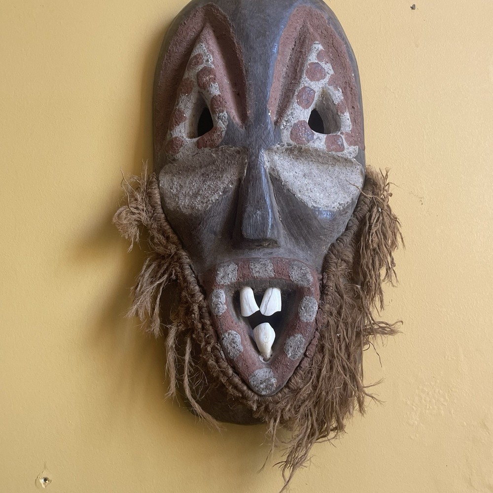Luba-Warega (Lega) Mask - DRC Congo - Animal Teeth & Raffia - 13"