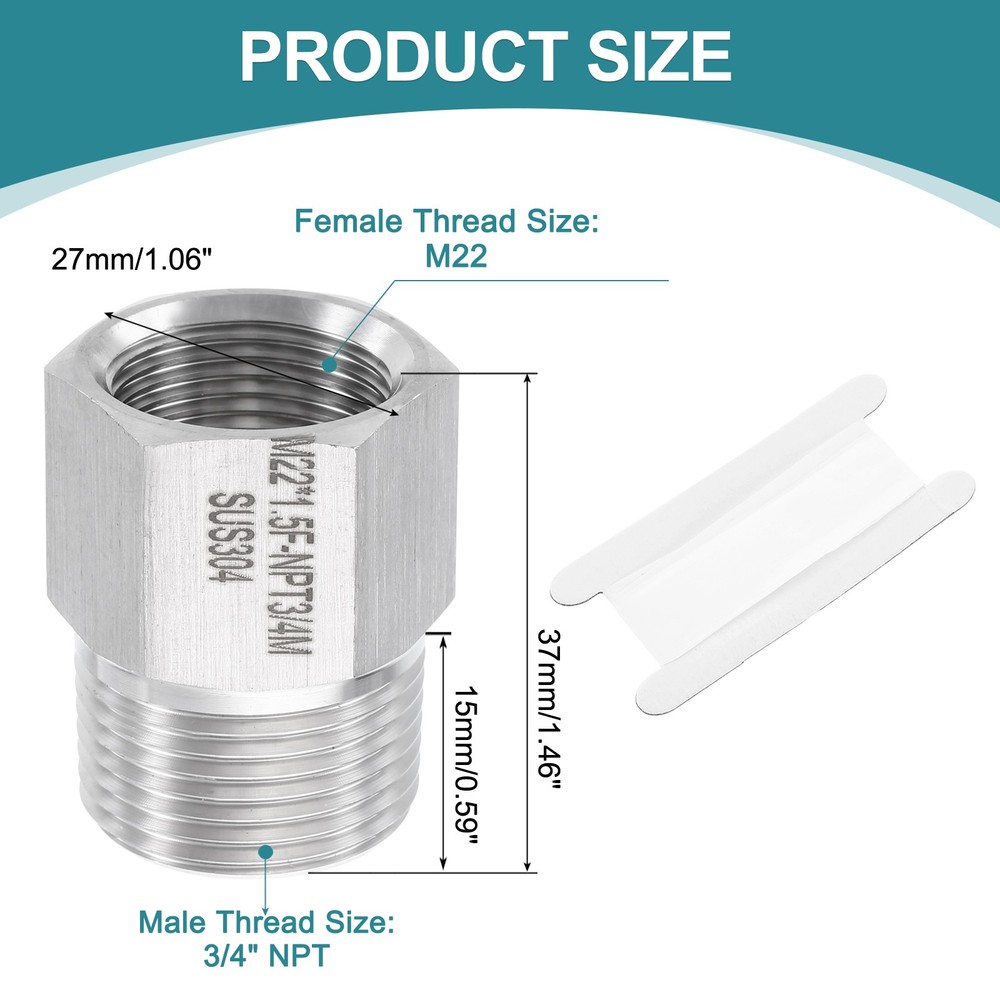Pipe Fitting Reducing Adapter 3/4" NPT x M22 Reducer Connector Silver