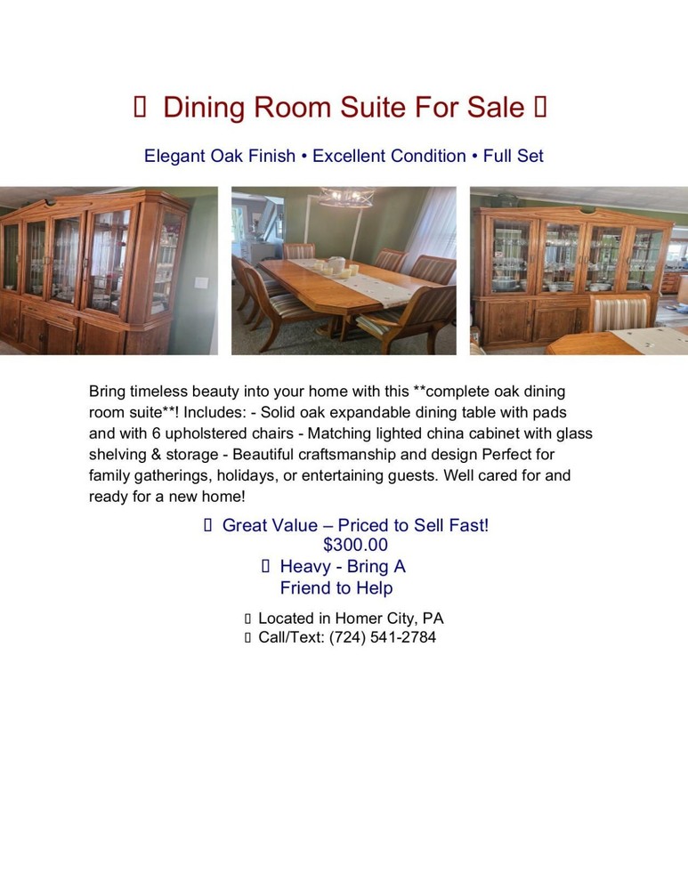 Solid Oak Dining Room Set w/ Extendable Table, 6 Chairs & Lighted China Cabinet