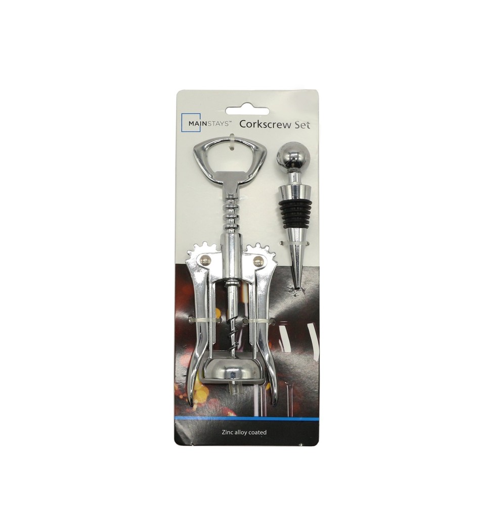 Stainless Steel Wing Corkscrew and Wine Stopper Set, Silver