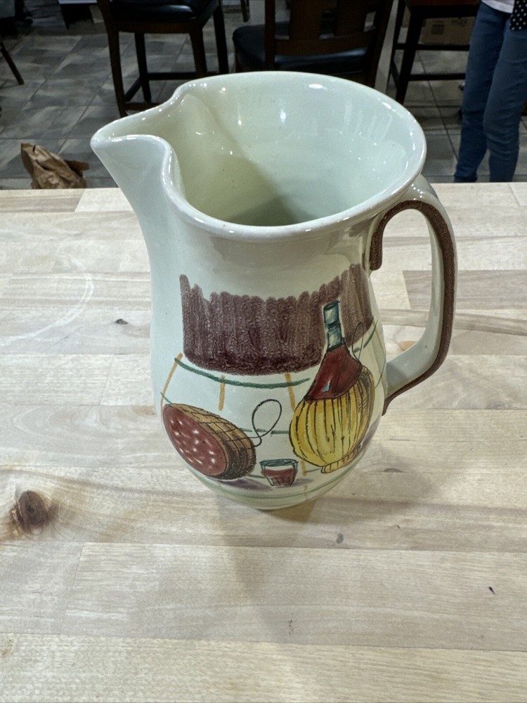 Italy Pottery Pitcher 8” Handle, Wine Picnic Scene