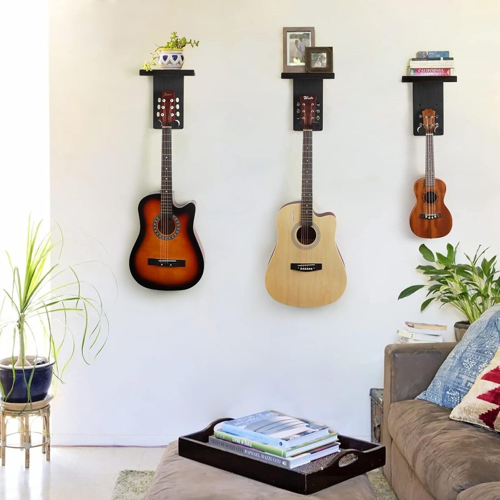 Rustic Wood Guitar Wall Mount 3-Pack - Matte Black