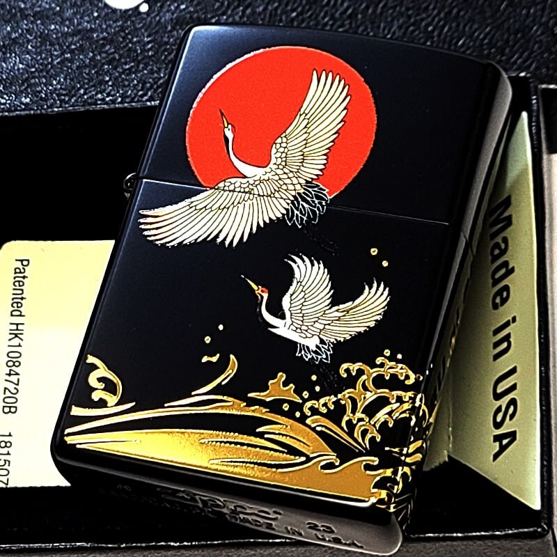Zippo Crane Japanese Pattern Matte Black Etching 3 Sided Processing Lighter