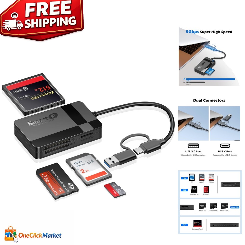 Plug & Play Multi-Card Reader for USB-C & USB 3.0 Devices - Compact Design