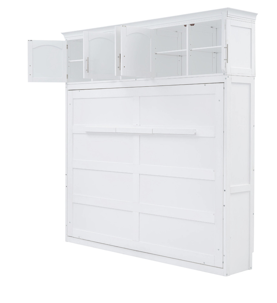 Modern Bed Frame Full Size Murphy Bed Wall Bed with Top Cabinets Bedroom White