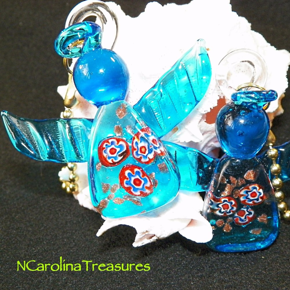 Blue Murano Glass Christmas Angel Ceiling Fan Pulls - Pair
