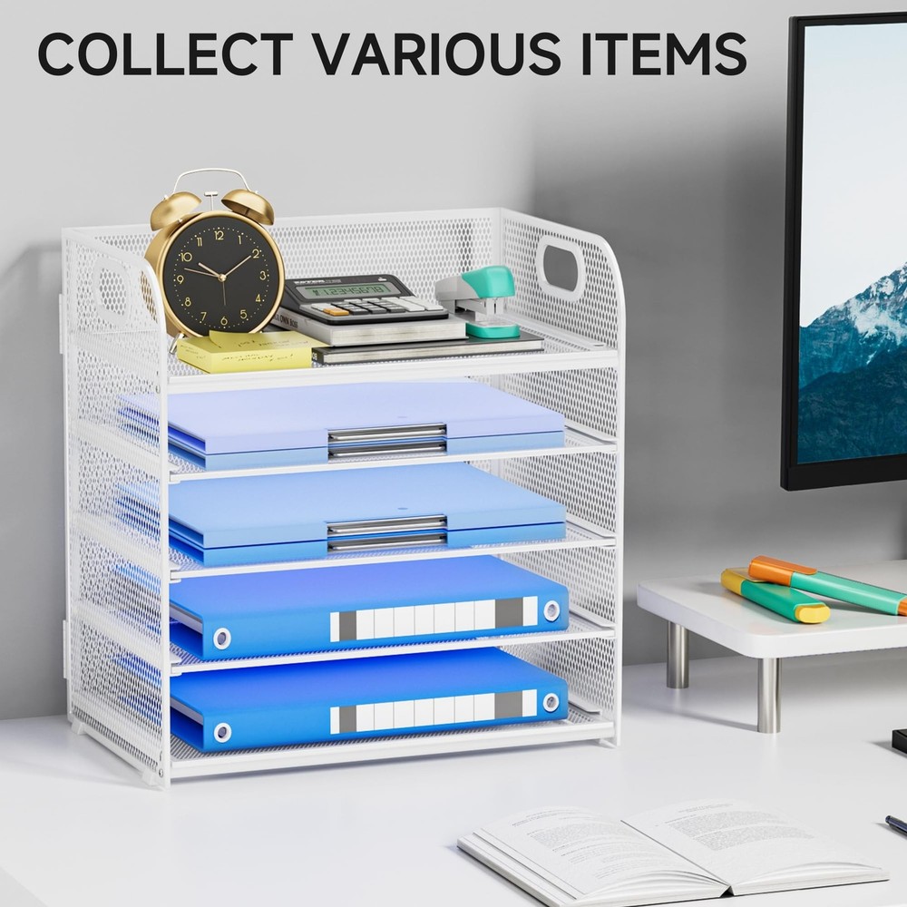 5-Tier Stackable Paper Organizer with Handle, White Metal Mesh Desk Organizer...