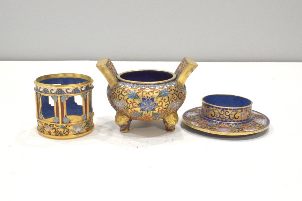Chinese Cloisonne Tripod Incense Holder 3 Sections