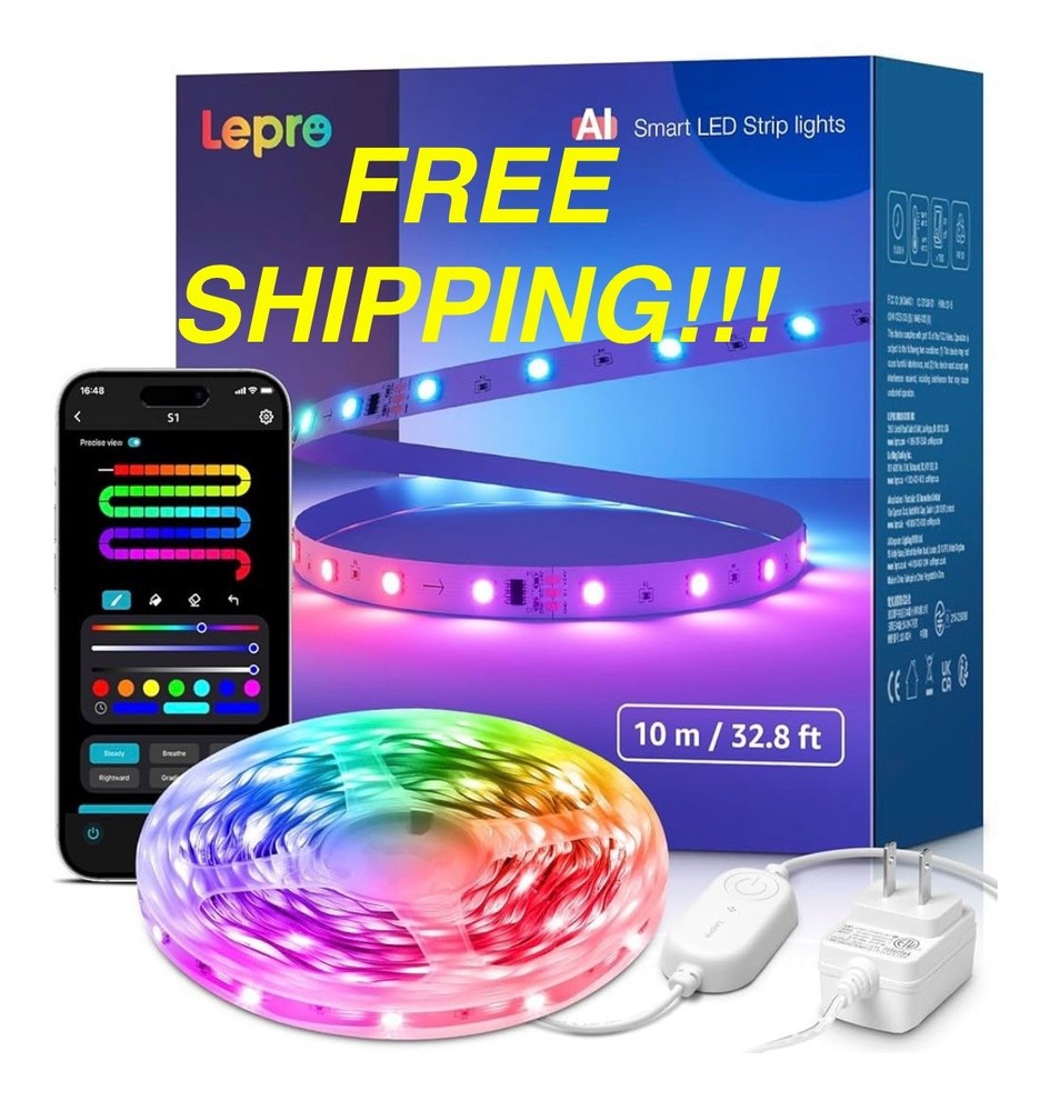 32.8ft LED AI Generated Light Strips W/Rainbow Color Effects, Wi-Fi & Bluetooth