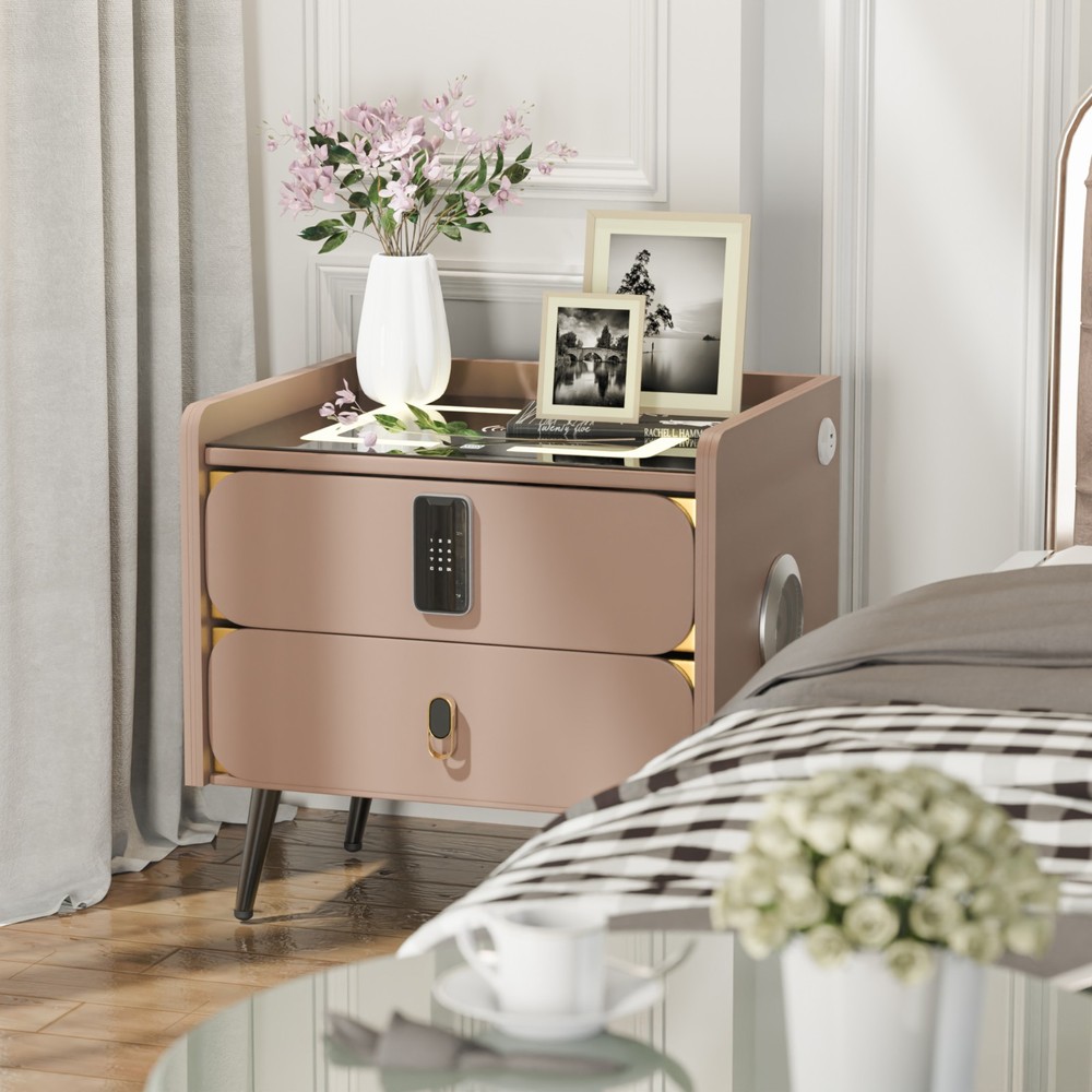 20" Tall Smart nightstand with combination lock &Bluetooth player(Light coffee)