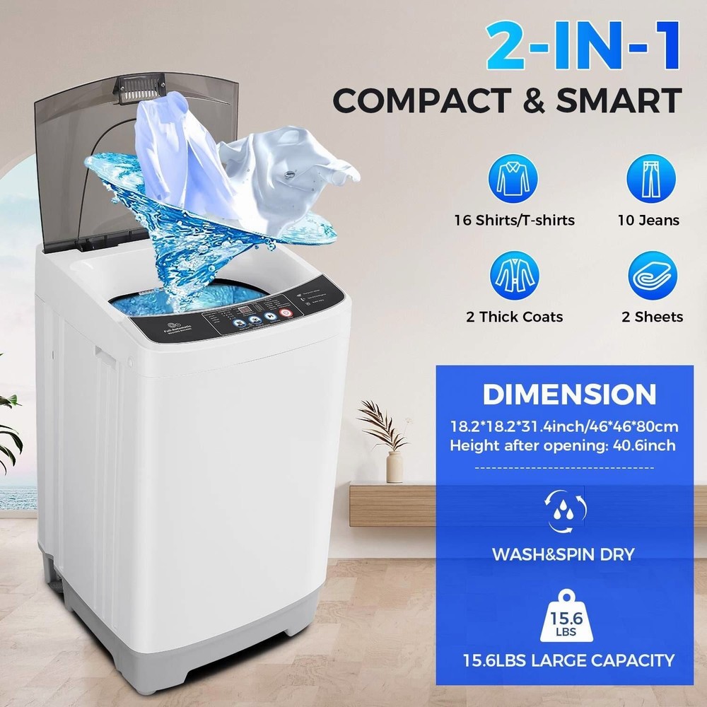 Portable Washing Machine 15.6lbs Full-Automatic Compact Washer w/10 Programs U.S