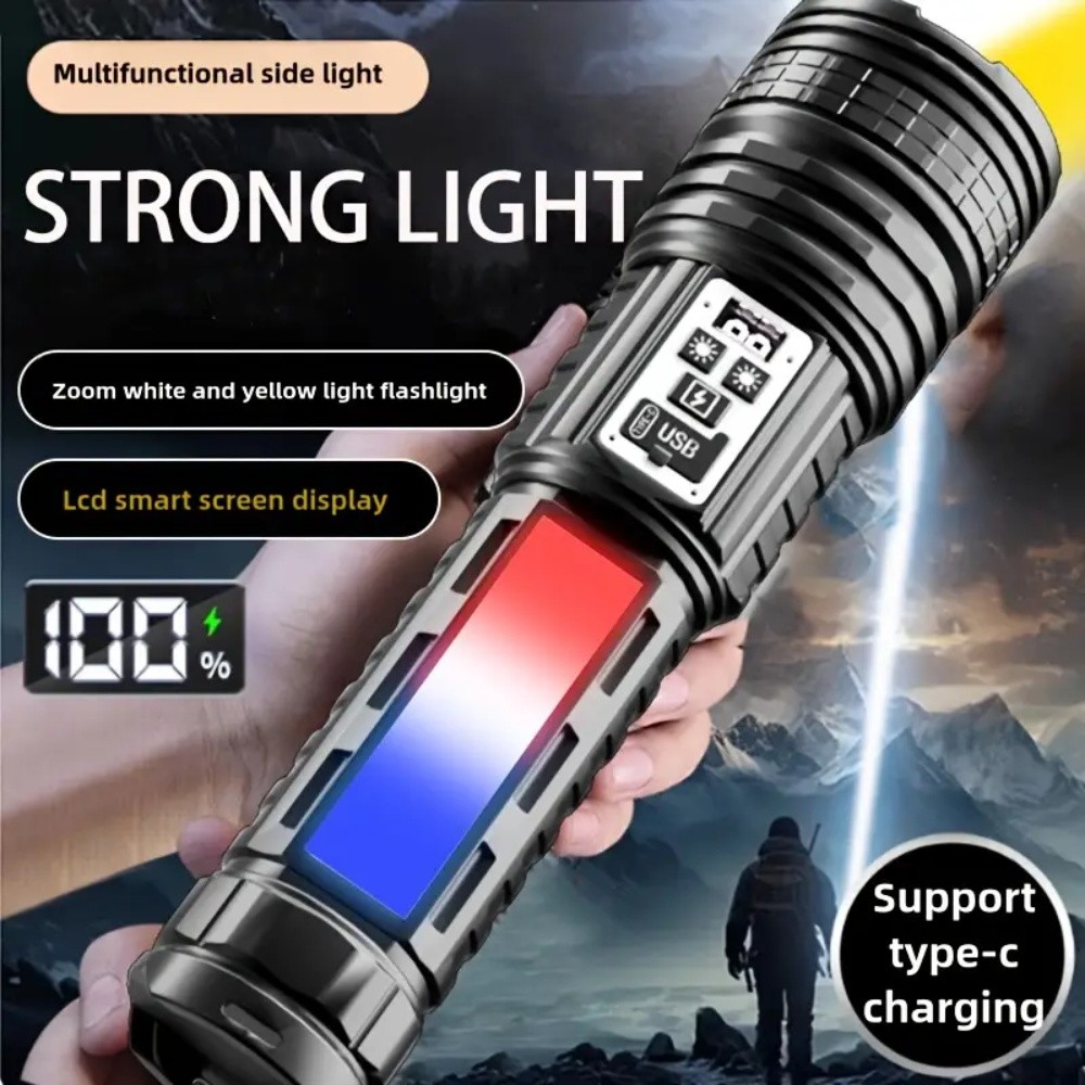 LED Flashlight Strong Light Rechargeable Torch Super Bright with COB Side Lights