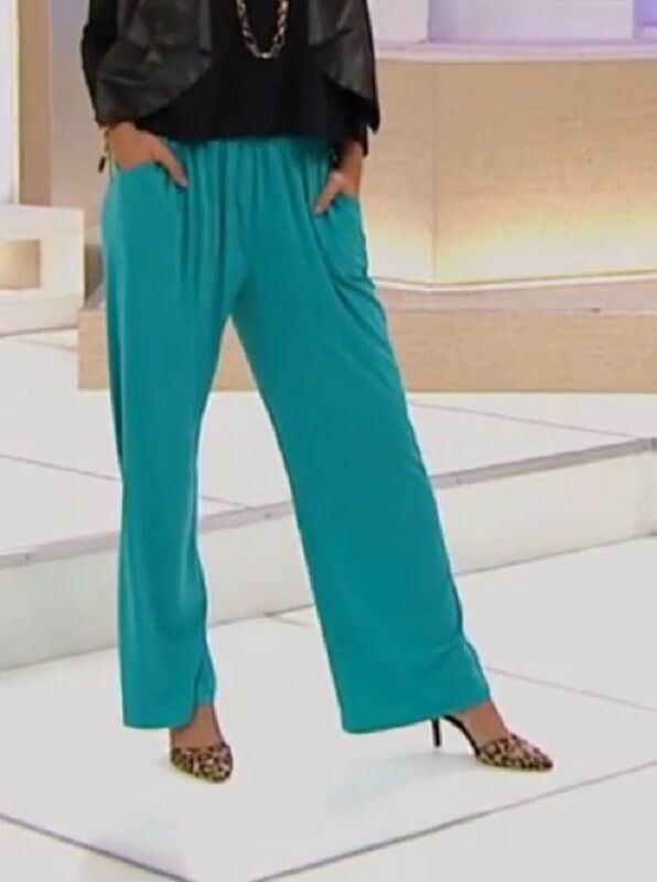 DG2 by Diane Gilman Stretch Knit Solid Palazzo Pant , Teal , Size L