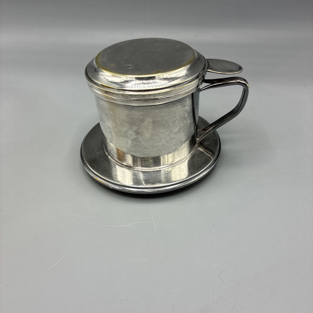 Silver Plate Tea Strainer Press Cup Handle Lid 3pc Marked