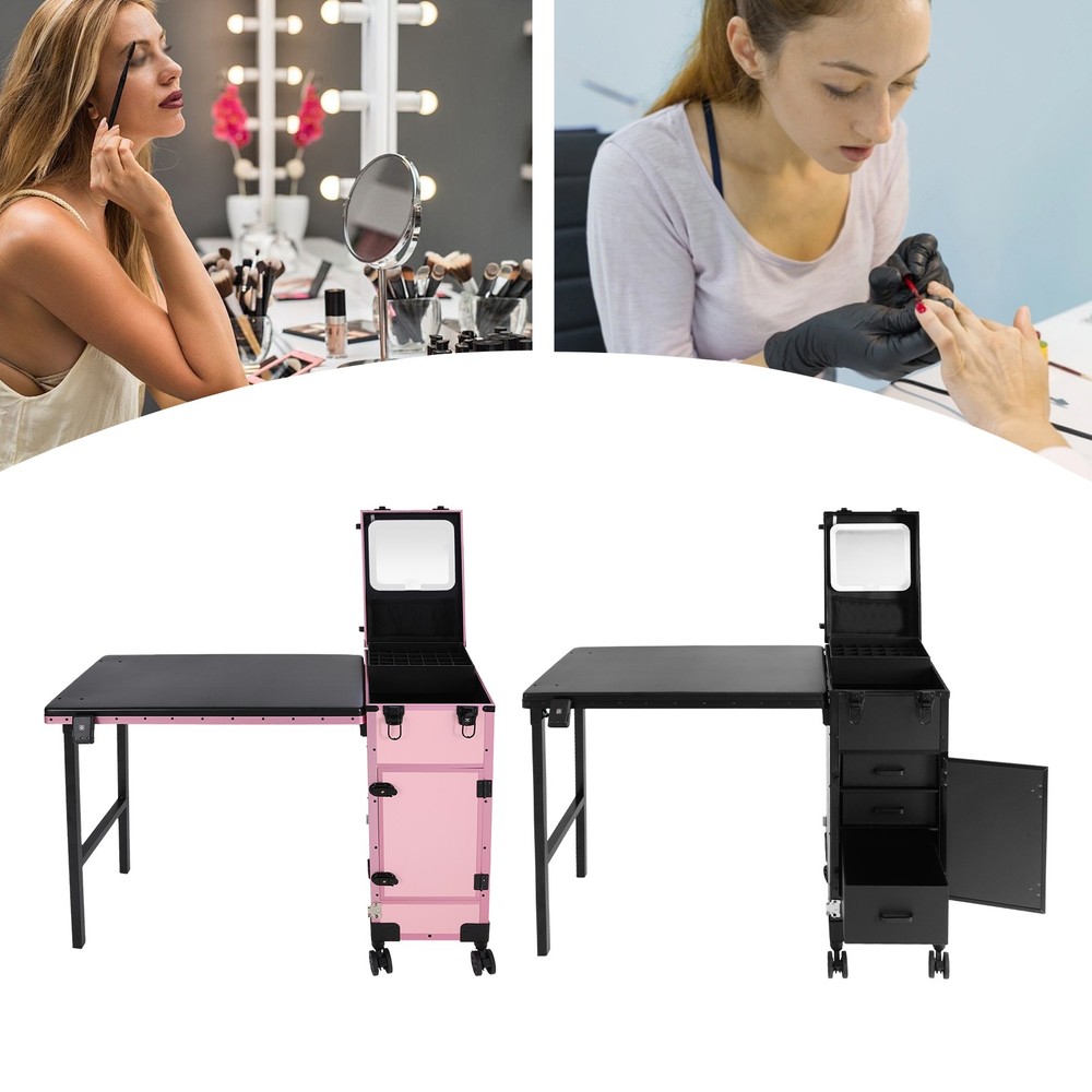 LED Light Rolling Makeup Train Case Nail Art Manicure Make-up Trolley Box Mirror