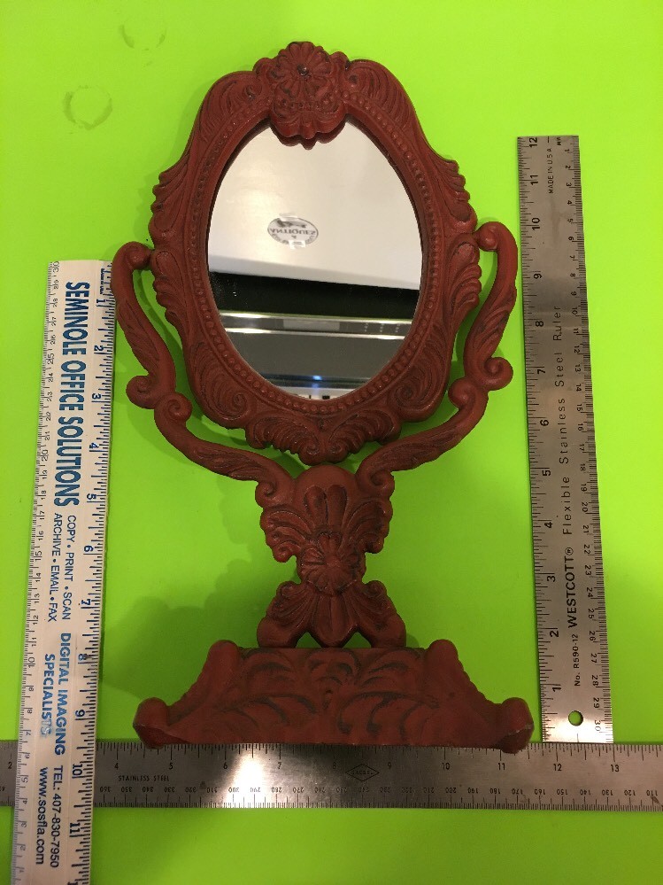 -Vintage Ornate Cast Iron Vanity Tilting Mirror.
