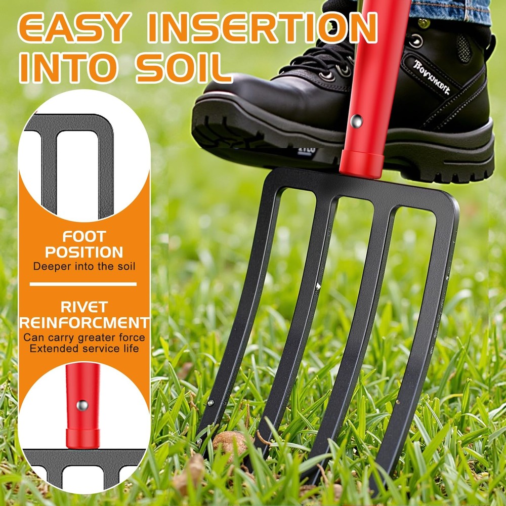 Garden Fork, 4-Tine Spading Fork, Compost Fork, Steel Digging Fork, 45Inch, S...