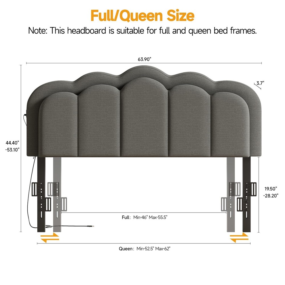 Upholstered Headboard Full Queen USB Type C RGB LED Light Adjustable Height Grey