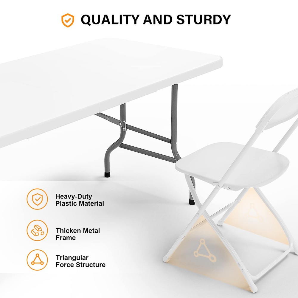 6 FT Plastic Folding Table Set with 8 White Folding Chairs for Picnic