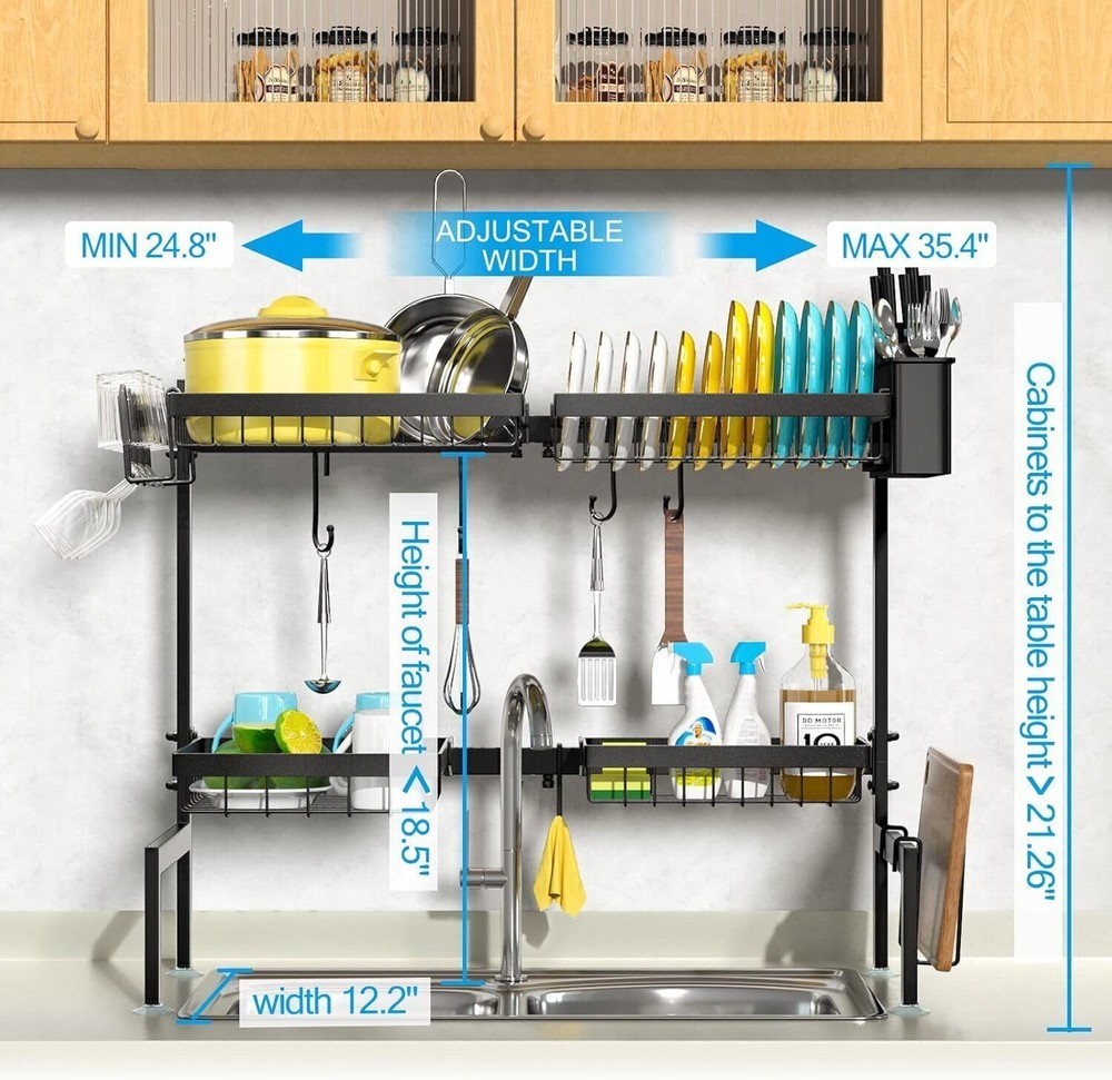 2-Tier 4 Baskets Over The Sink Dish Drying Rack Kitchen Extensible Adjustable US