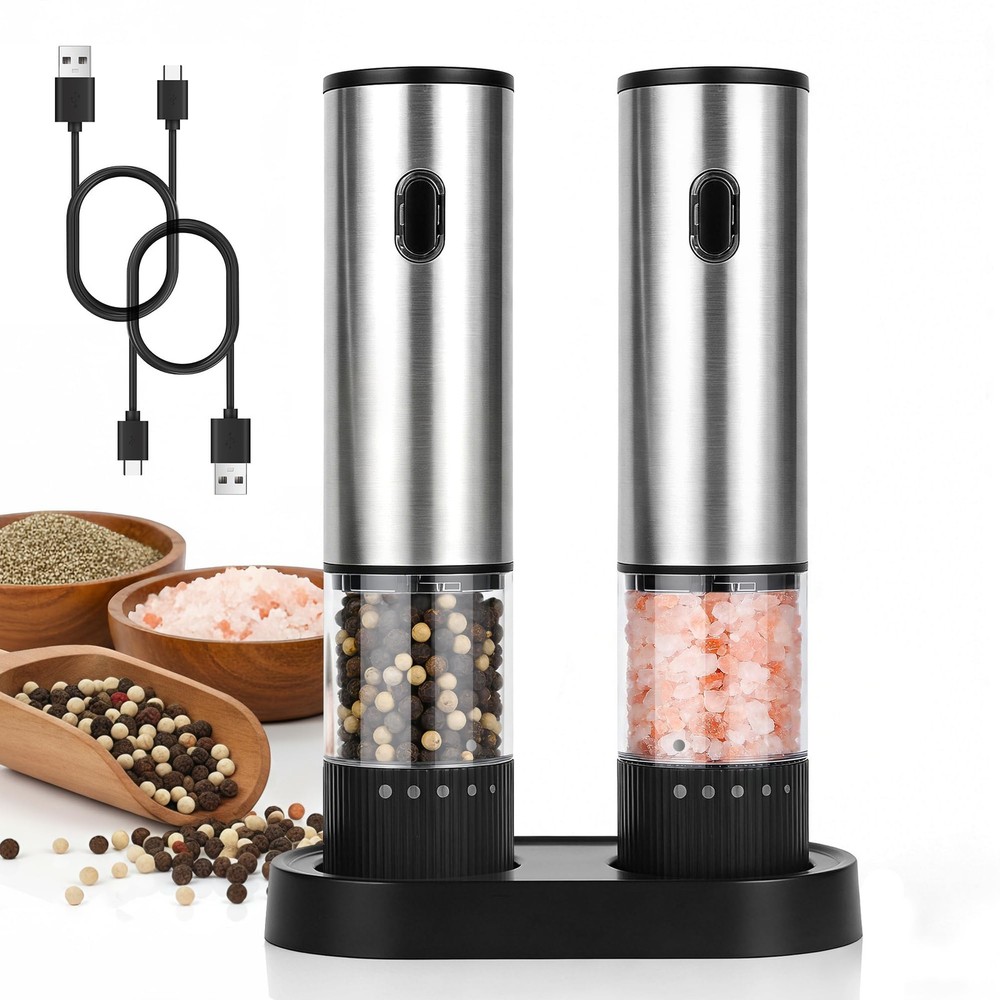 2 Pack Rechargeable Salt and Pepper Grinder Set, USB -Charging Automatic Cord...