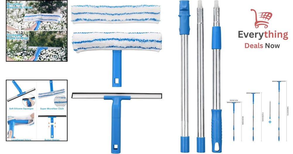 57" Window Cleaner Squeegee & Microfiber Scrubber Long Handle Glass Washer Tool