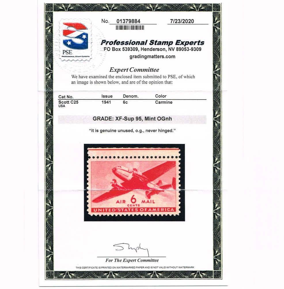 EXCEPTIONAL GENUINE SCOTT #C25 MINT PRISTINE OG NH PSE CERT GRADED XF-SUPERB-95