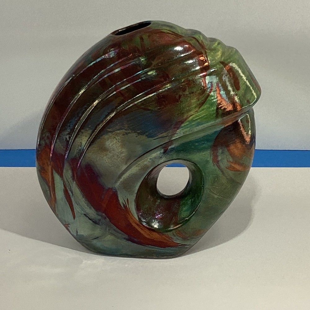 Signed Ruby Hansen 2012 raku pottery vase