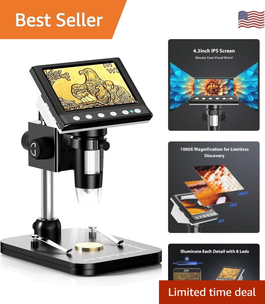 Revolutionary 4.3'' Coin Microscope: 1000X Magnification and Adjustable Lighting