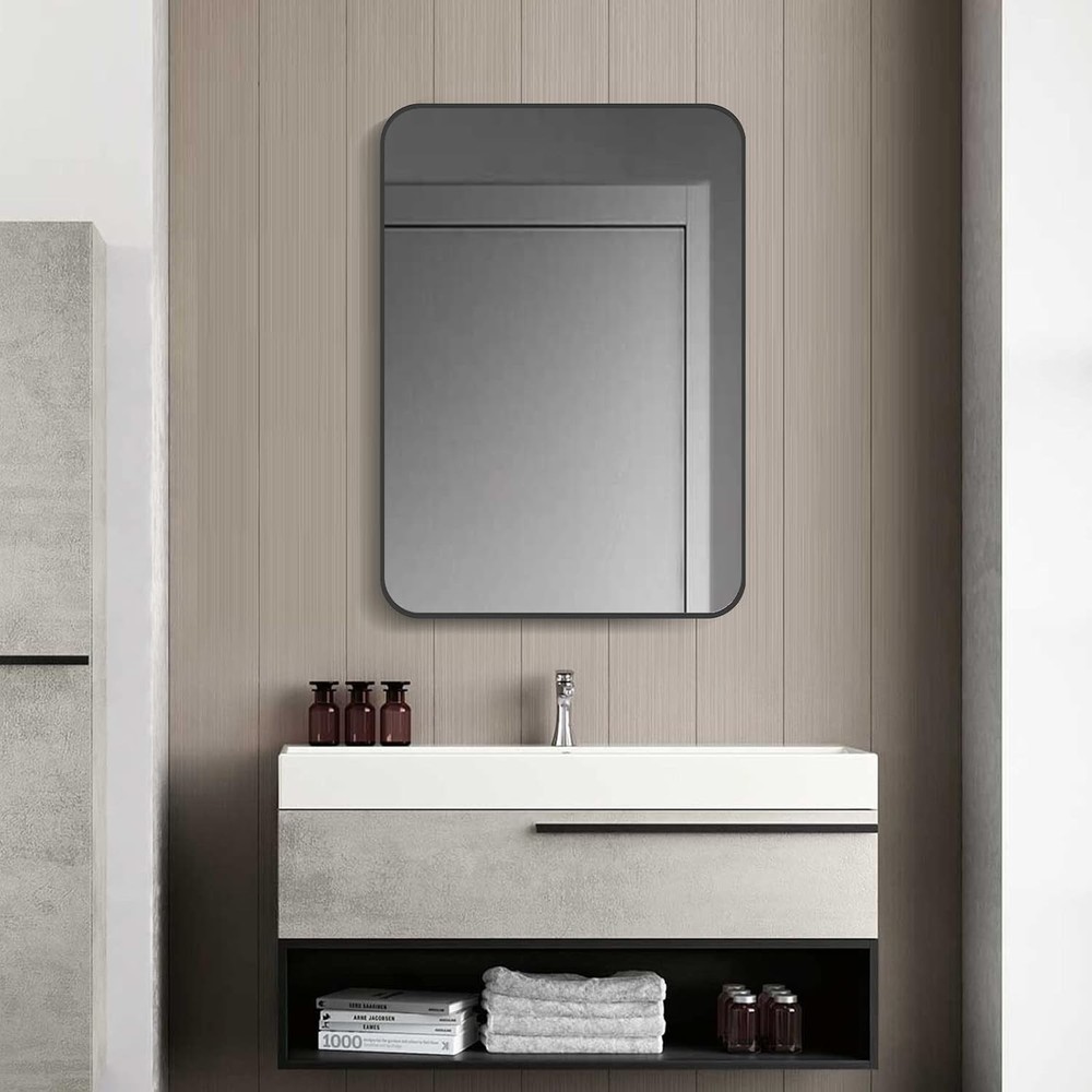 Black Metal Framed Mirror Rectangle Wall Mount Bathroom Vanity Mirror 30” X 36”