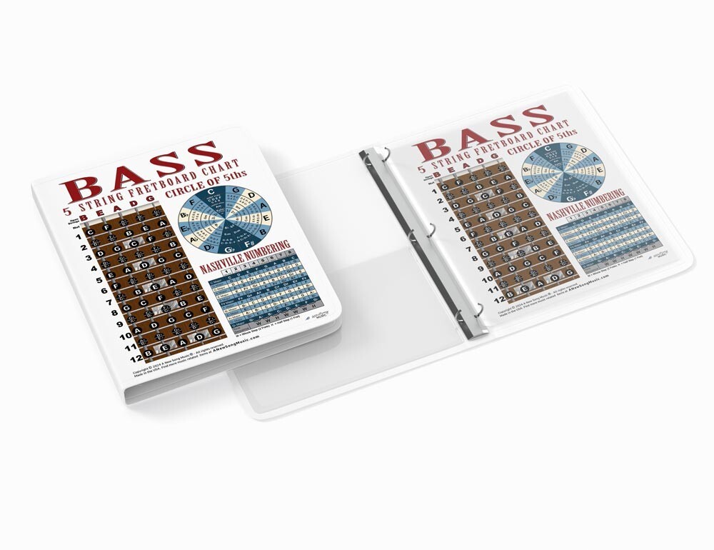 Laminated 5 String Bass Fretboard Wall Chart Poster Notes - 8.5" x 11"