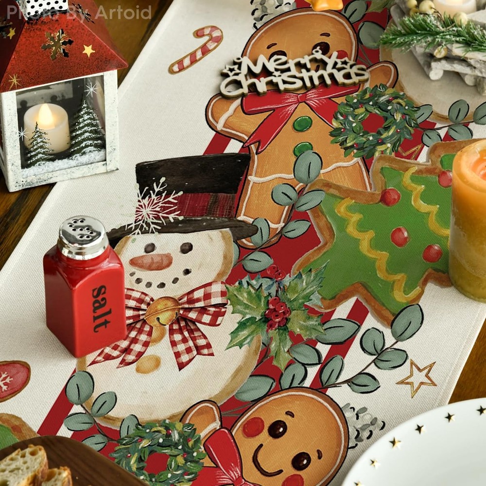 Christmas Decorations Gingerbread Snowman Tree Candy Table Runner Gift 13"x72"