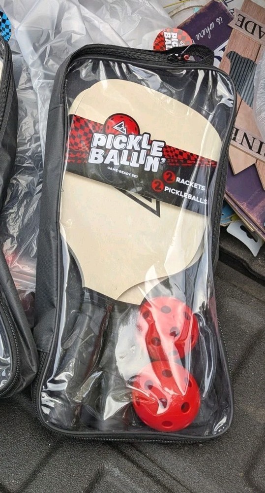 NEW PICKLE BALLIN Game Ready Set - 2 Solid Wood Rackets & 2 Red Pickleballs