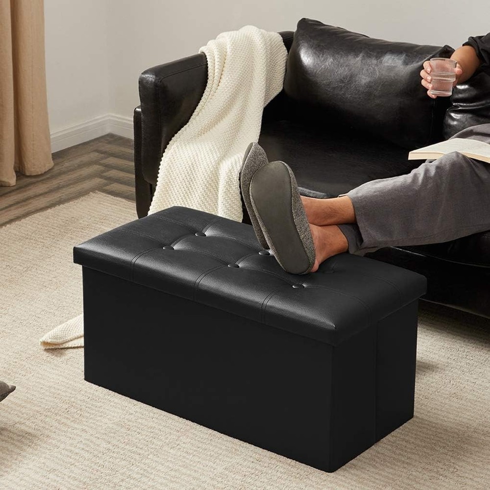 Modern 30-Inch Folding Ottoman Bench: 85L Faux Leather Storage Solution