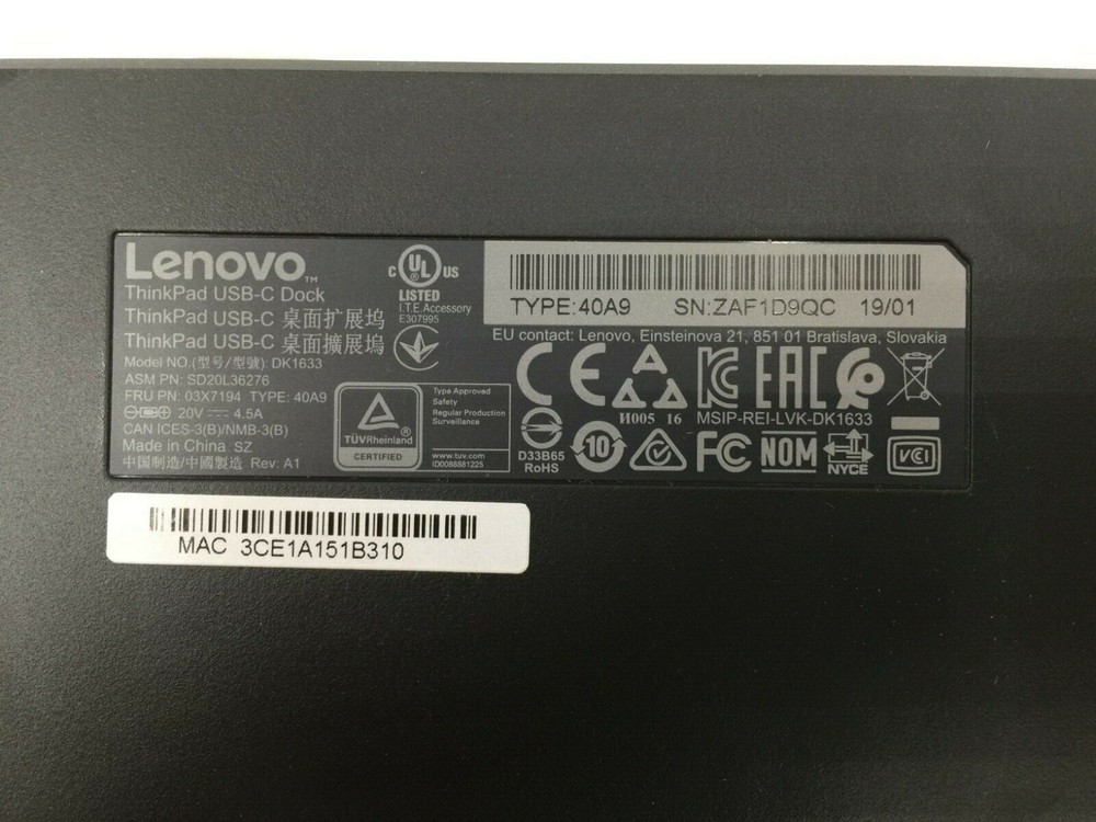 Lenovo ThinkPad USB-C Docking Station WITHOUT Adapter - 40A9 DK1633 SD20L36276
