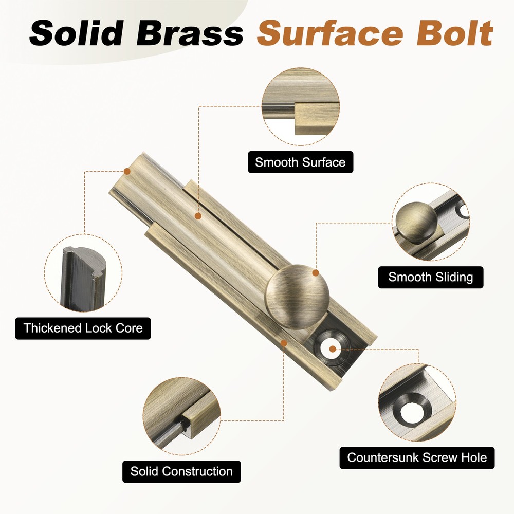 2Pcs 2" Solid Brass Surface Bolt, Brushed Slide Latch Door Lock, Bronze