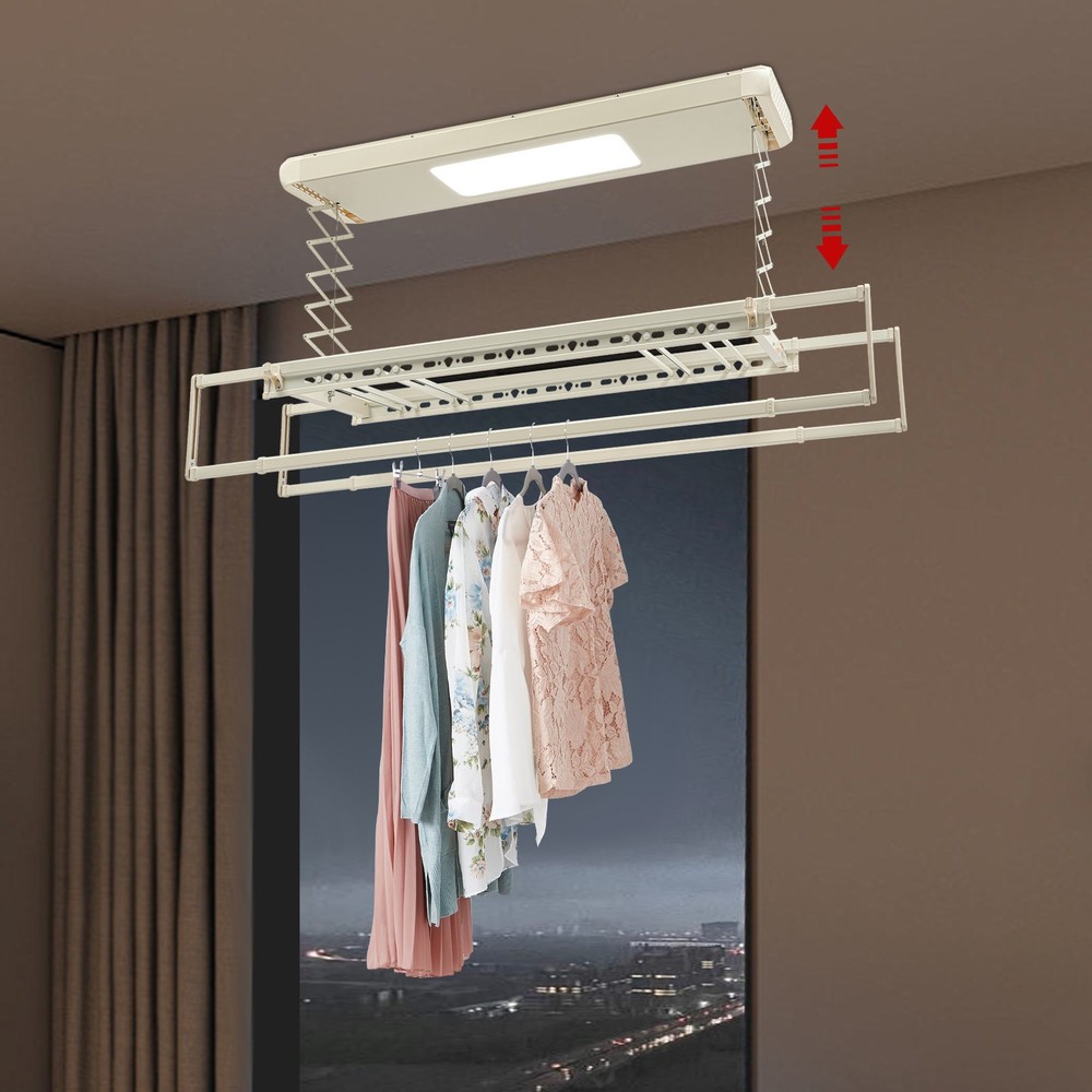Ceiling-mounted Clothesline, Resealable Vertical Drying Rack W/ Light 8 Rods