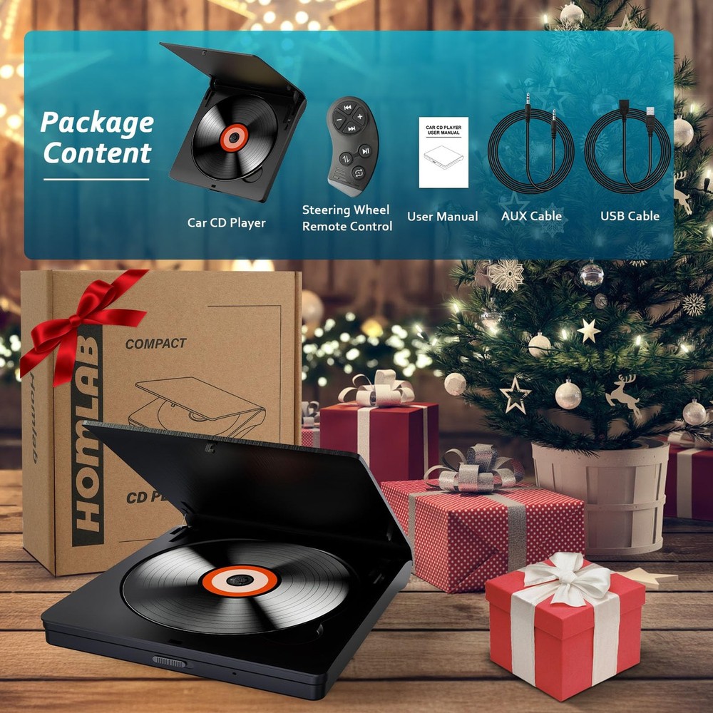 Homlab Cd Player for Car - External Car CD Player with Steering Wheel Remote