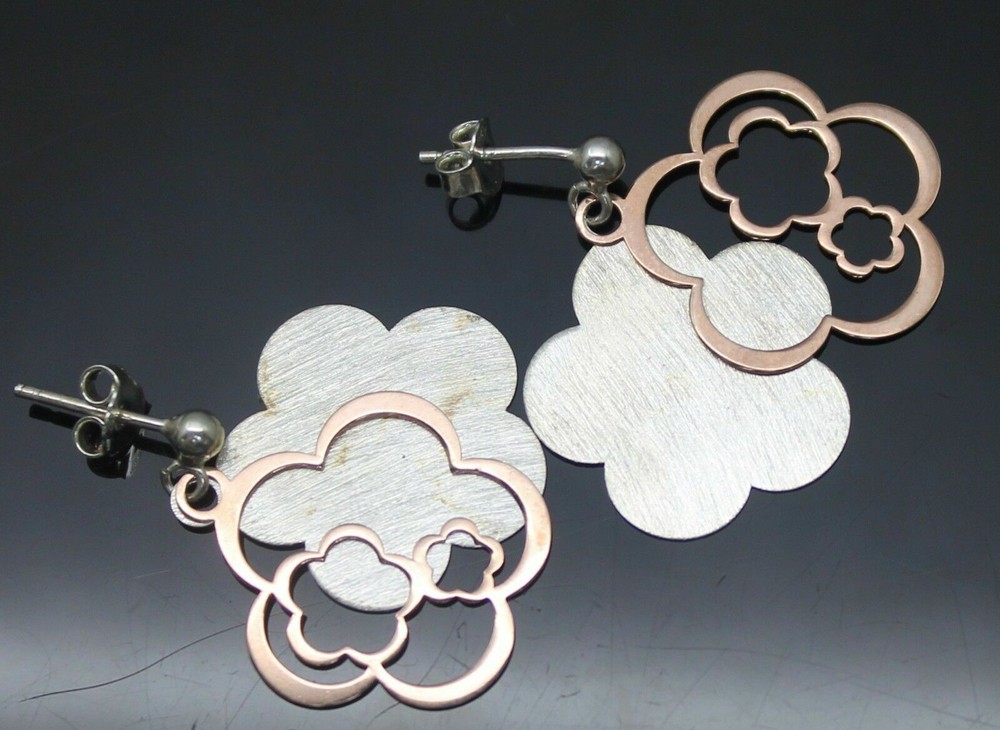 CHARMING SLIDING DANGLE FLOWERS TWO TONE STERLING SILVER POST EARRINGS