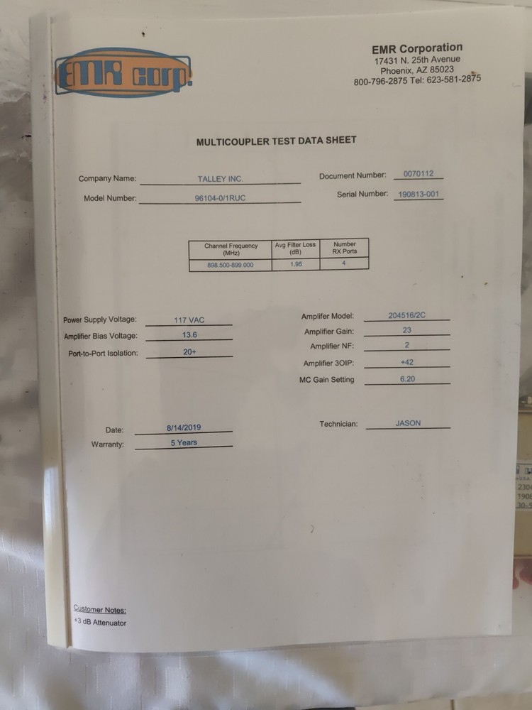 Tower Top Amplifier EMR CORP 800 - 900 Mhz