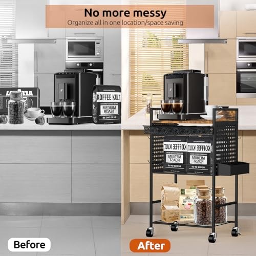 Compact Coffee Bar Cabinet with Power Outlet, Lockable Wheels, and Storage