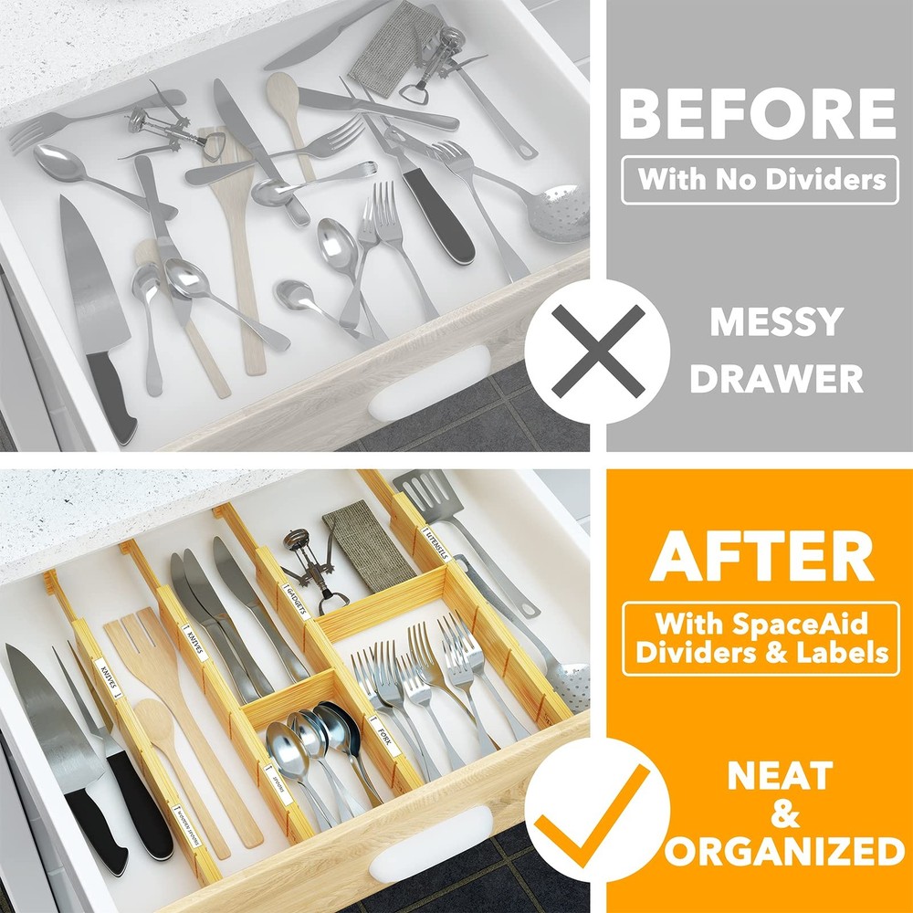 Best SpaceAid Bamboo Drawer Dividers with Inserts and Labels, Kitchen Adjustable