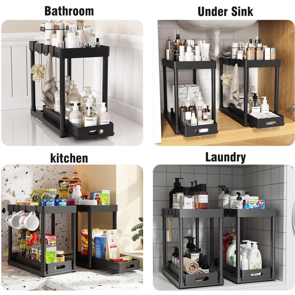 POUGNY 2 Pack Pull-Out Storage Organizers, Under Sink 12.8IN, Black PRO