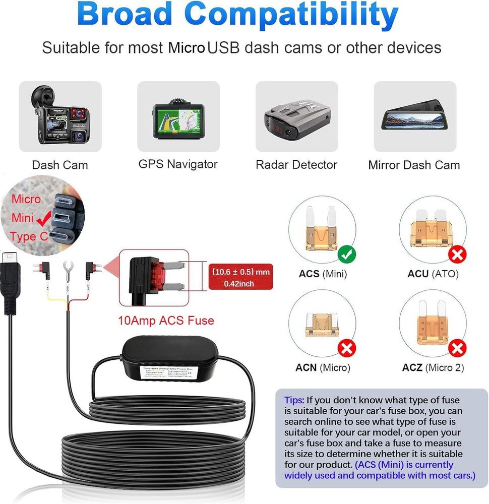Dash Cam Hardwire Kit Mini USB for 24H Parking Mode 320cm