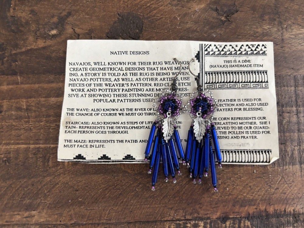 Native American Handmade Blue Purple Beaded Earrings