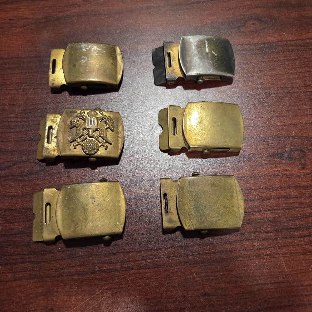 6 Vtg U.S. Military Solid Brass Belt Buckles
