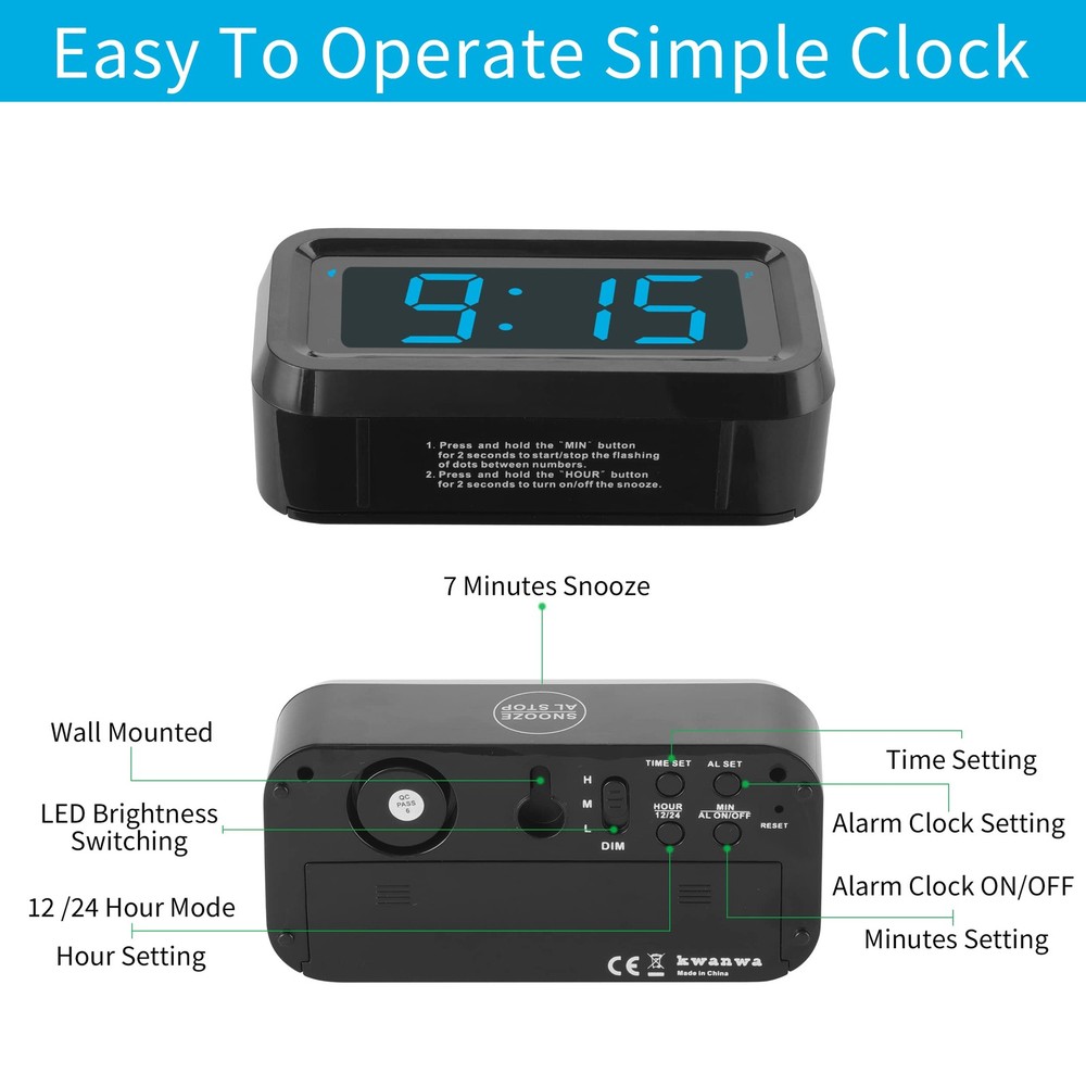 KWANWA Alarm Clock, Digital Clock, Constantly 1.2'' LED Blue Digits Display, Bat