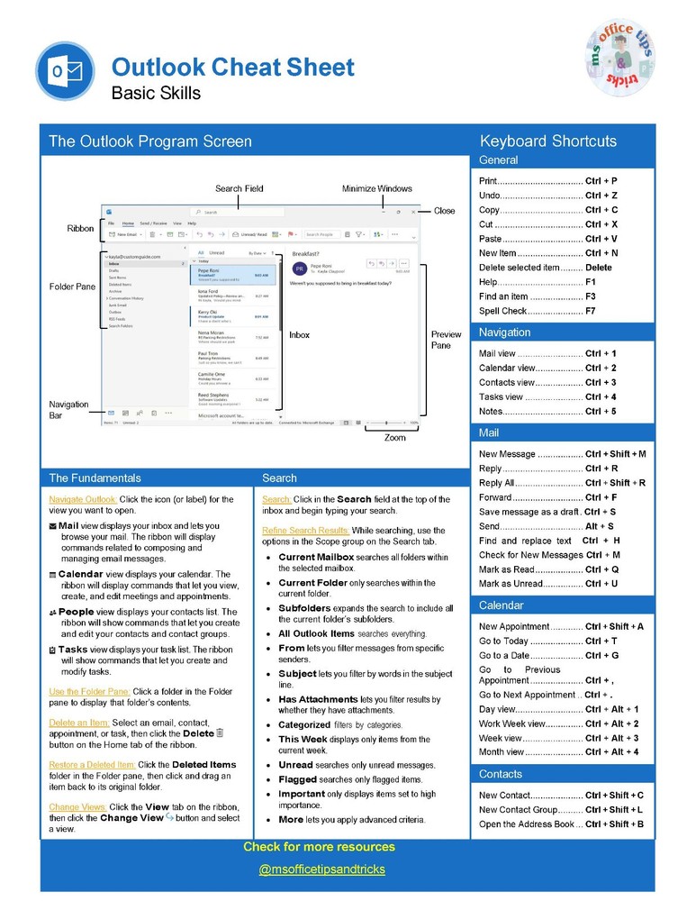Microsoft Outlook OneNote Teams cheatsheet bundle